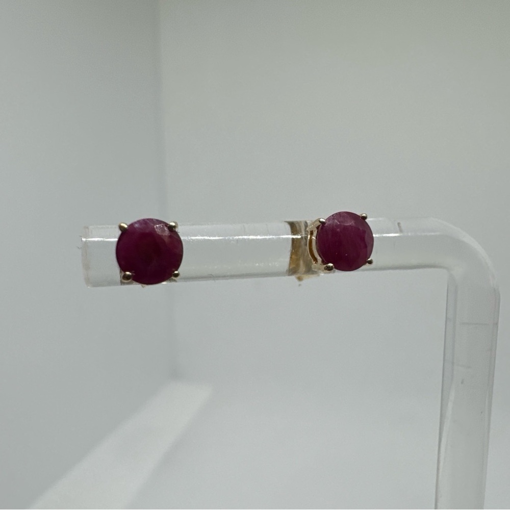 10k Yellow Gold Red/Pink Ruby Stud Earrings Round Solitaire Basket Set Vintage
